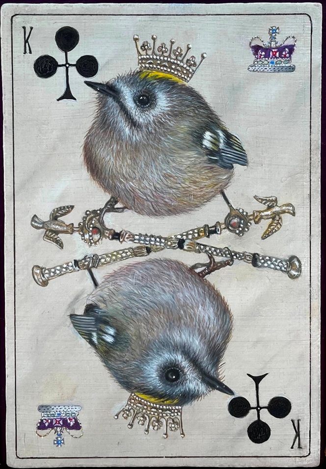 Coronation of a Bird King, 2023 – Miniature oil painting on panel, 13 x 9 cm – Ginny Page